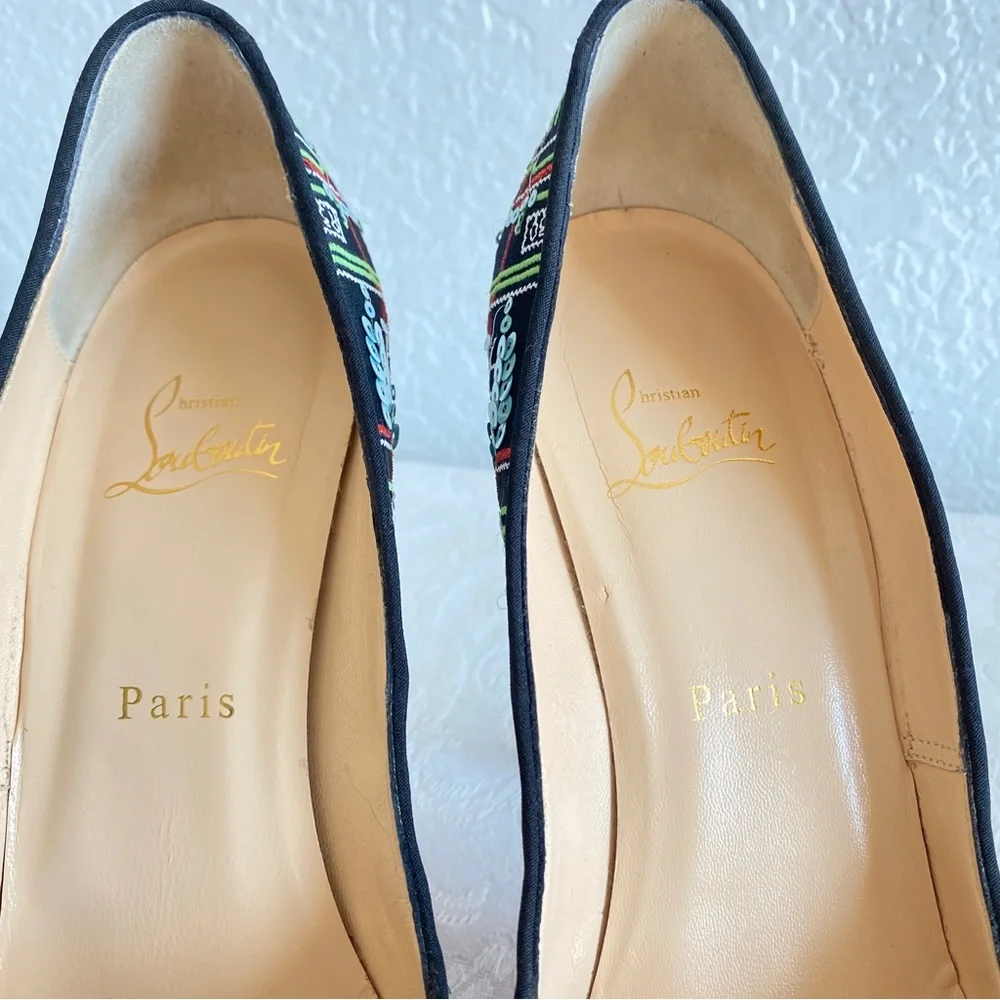 Christian louboutin embroidered peep toe platform pumps